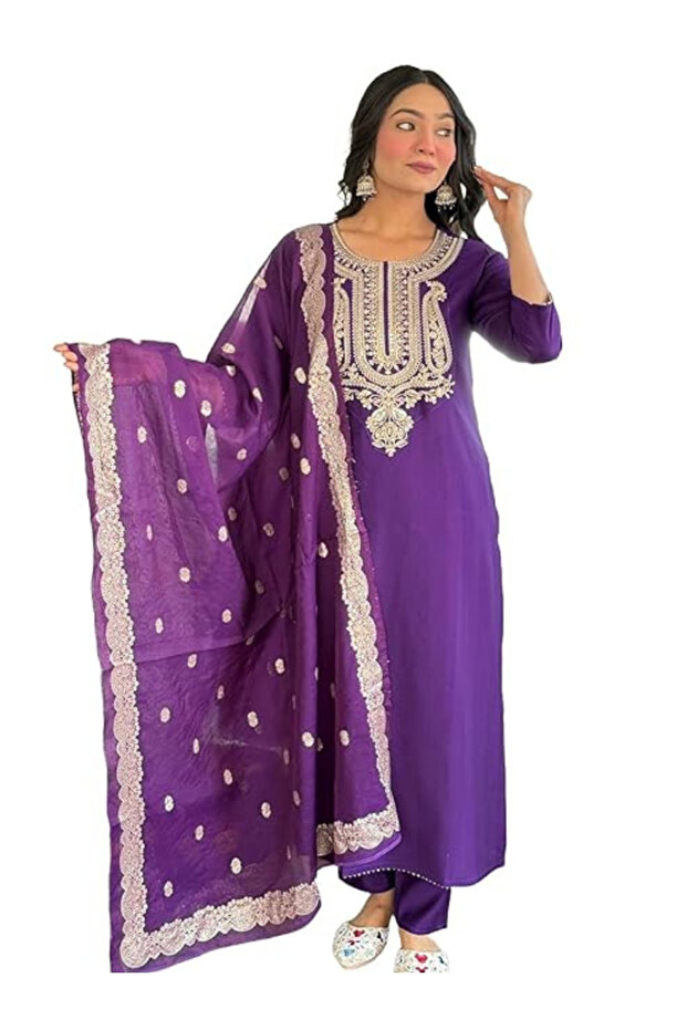 Purple Raw Silk Embroidered Kurta Set - ALV2090 | Purple