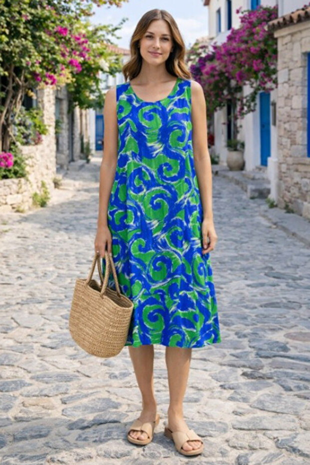 Women's Ethnic Patterned Sleeveless Midi Dress