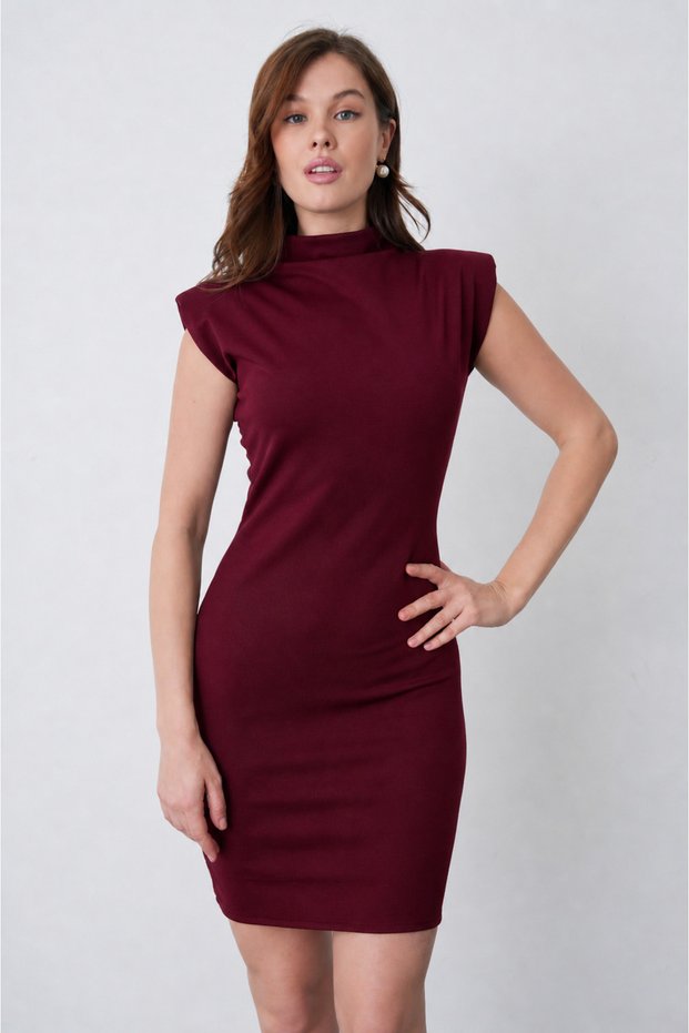 Burgundy Crepe Fabric High Neck Padded Mini Dress Stylish Casual and Office Dress 77159