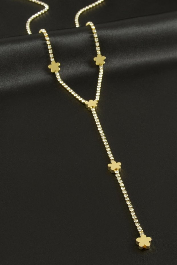 Cosmotex Flower Stripe Stone Steel Y Necklace - (24556) Silver Color
