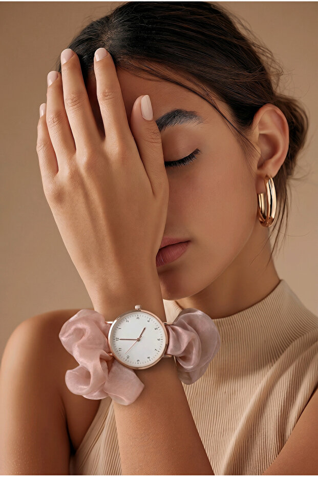 Women's Rose Gold Ecru Chiffon Scarf Corded Scrunchie Design Wristwatch
