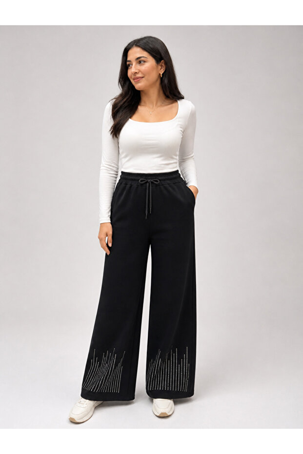 Women's Oysho Model Fabric Palazzo Pants with Pockets and Stones
