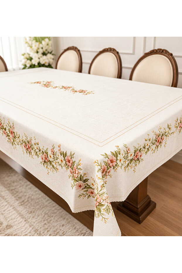 Luxury Stain-Resistant Linen Printed Tablecloth 160X220 Rose Cream