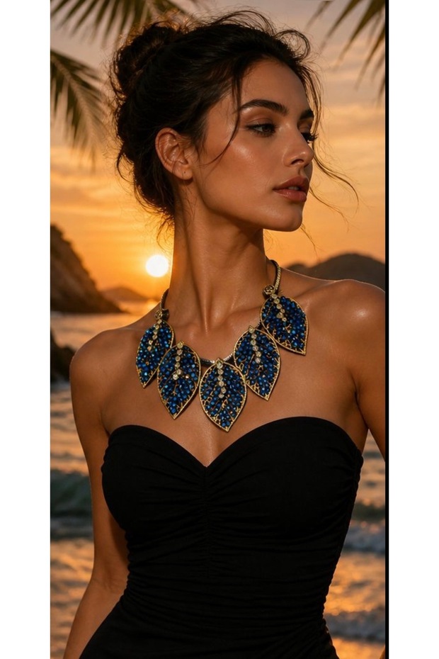 Blue Crystal Bead Leaf Model Special Design Collar Necklace