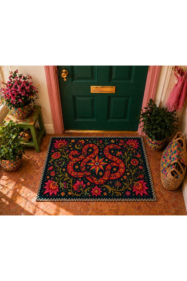 Aura Series – Ethnic Floral Snake Motif Green Orange Woven Base Decorative Carpet Aura6