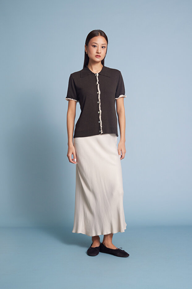 Lace-Detail Polo Collar Cardigan