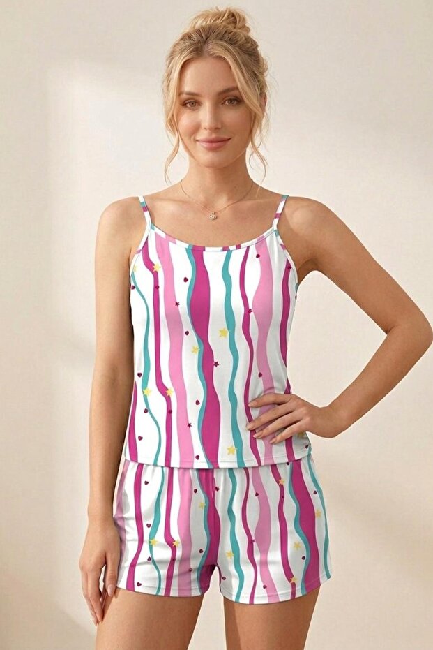 Star and Heart Patterned Striped Rope Strap Shorts Pajama Set 4612 - Multicolor