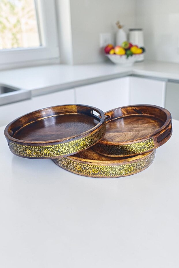 Real Brass Engraved Round Tray Set of 3 - 26, 30, and 34 cm Luxury Presentation and Decoration Set