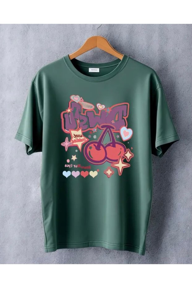 Round Neck Double Cherry Printed 100% Cotton Oversize Girls' T-Shirt