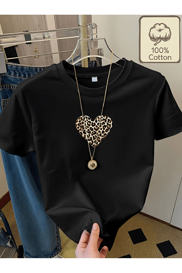 Leopard print heart print premium oversize t-shirt