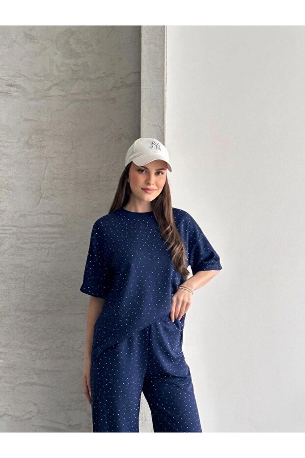 Navy Blue Full Stone Lycra Oyo Tracksuit Set