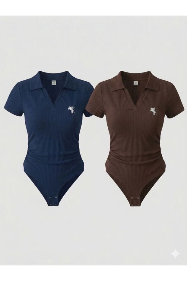 Navy Blue and Brown Polo Collar Ribbed Lycra Premium Set 2-Piece Bodysuit the Solo