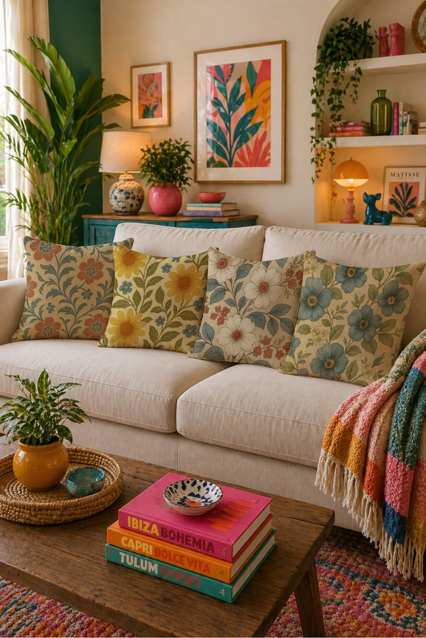 Retro Floral Patterned Set of 4 Decorative Throw Pillow Covers 43X43 cm Vintage Floral Bohemian