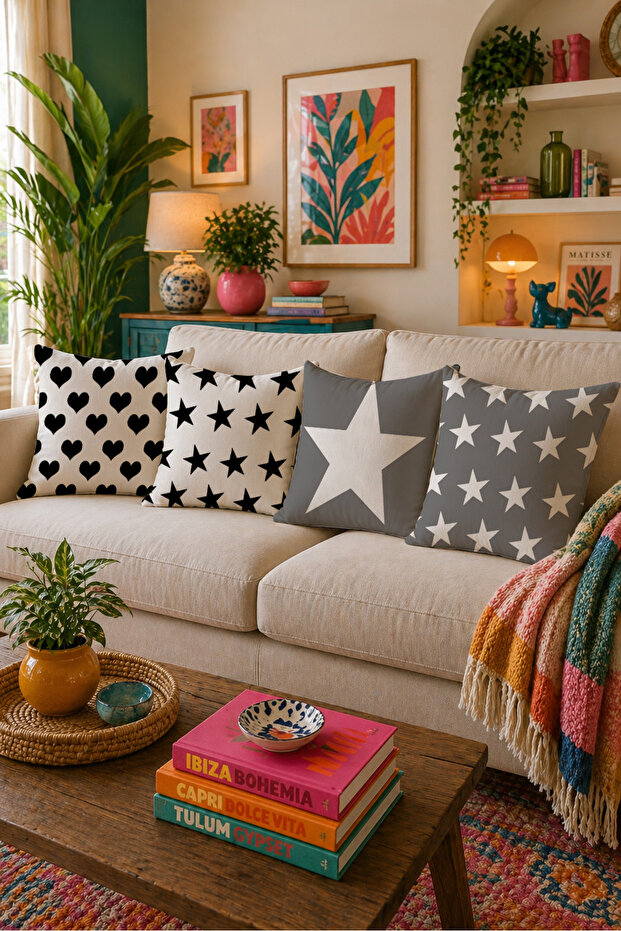 Black and White Star and Heart Patterned 4-Piece Throw Pillow Cover Set