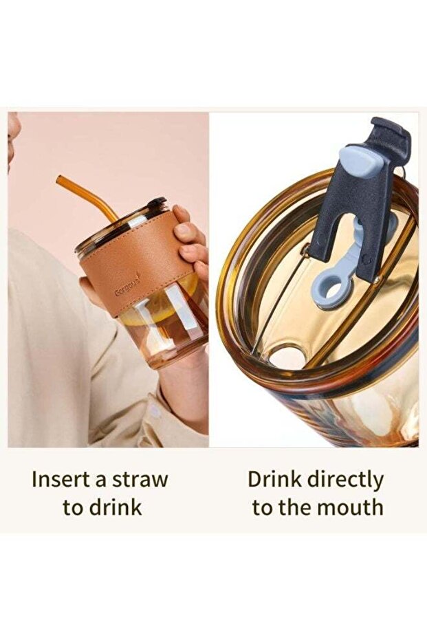 Gorgous Double Wall Glass Tumbler with Straw and Leather Sleeve | 400ml Reusable Drinking Cup | Premium Borosilicate Glass