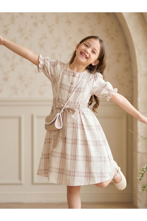 Girl's Plaid Puff Sleeve Vintage Dress and Mini Bag Set
