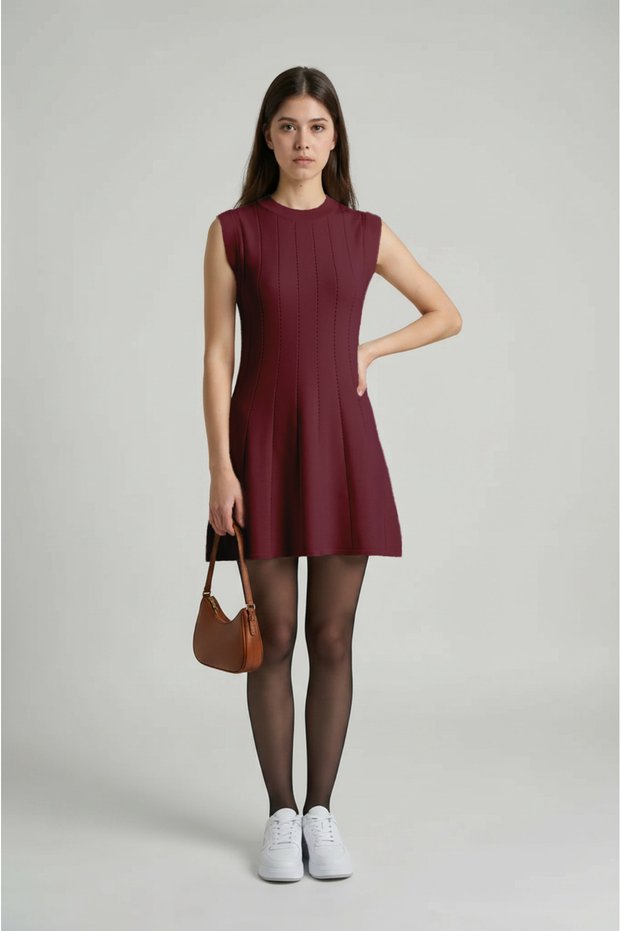 Burgundy Standard Fit Regular Cut Sleeveless Crew Neck Women's Knitwear Dress