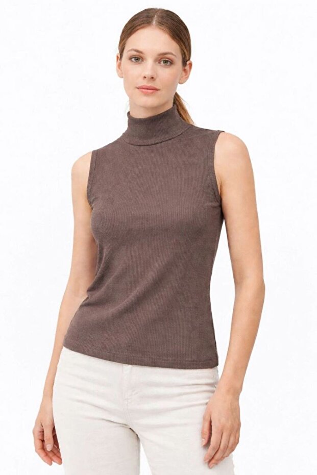 Women's Half Turtleneck Ribbed Camisole Undershirt Stylish Blouse Badi - Brown