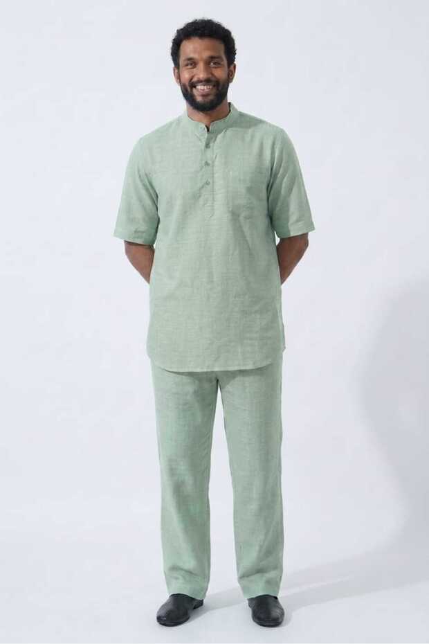 Mint Green Wide Fit 100% Cotton Muslin Fabric High Collar Short Sleeve Men's Hajj Umrah Set Casual Daily Wear