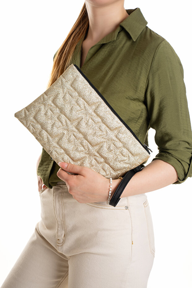 Women's Silvery Star Patterned Ankle Strap Portfolio/Clutch Handbag