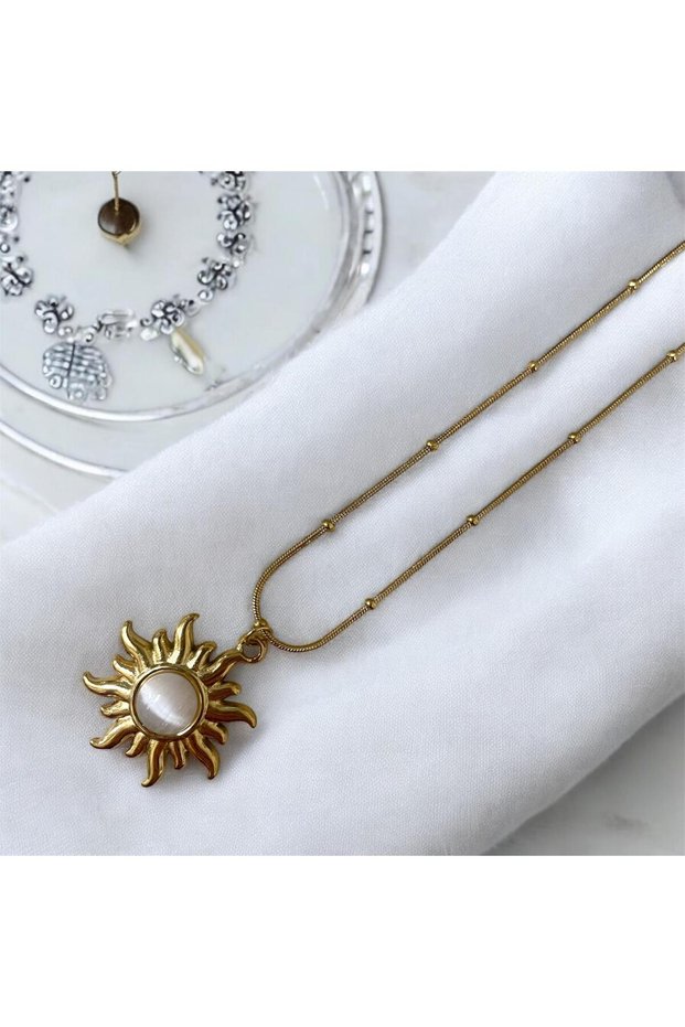 Gold Steel Necklace with Sun Motif | Elegant Stylish Minimal Design Women's Necklace for Daily Use