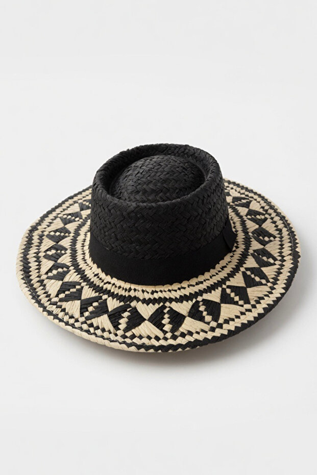 Luxury Black Ethnic Patterned Straw Women's Hat | Special Day Boater Model Gift