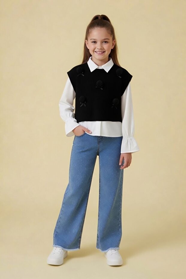 Girl's 3-Piece Set with Black Pompom Sweater, Shirt and Jeans 24105