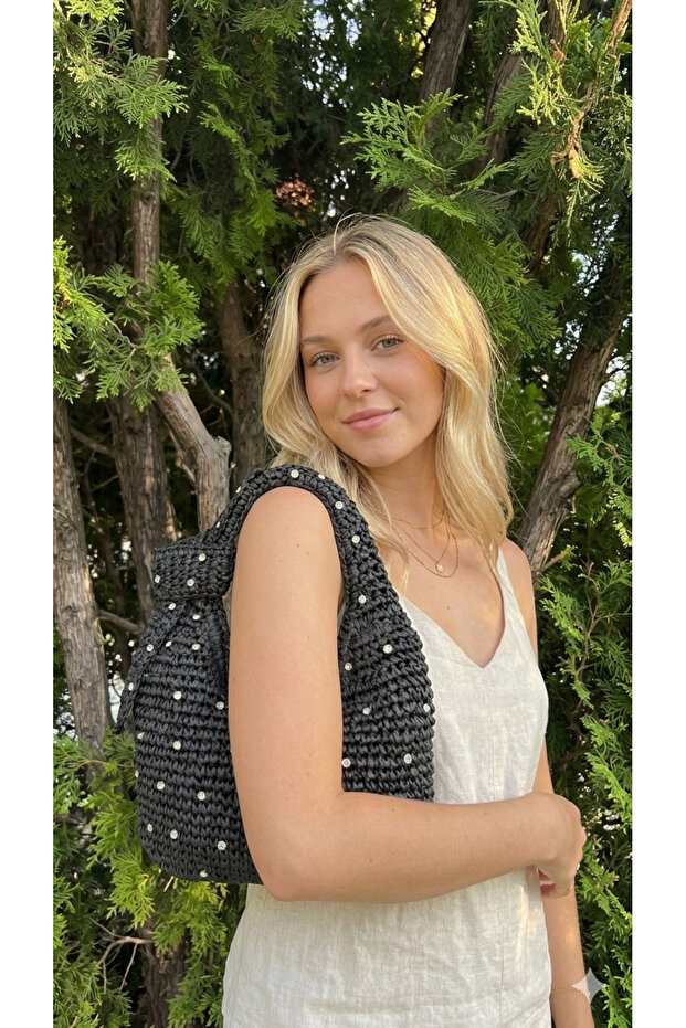 Mini Stone Handmade Straw Bag Black (43X30Cm)