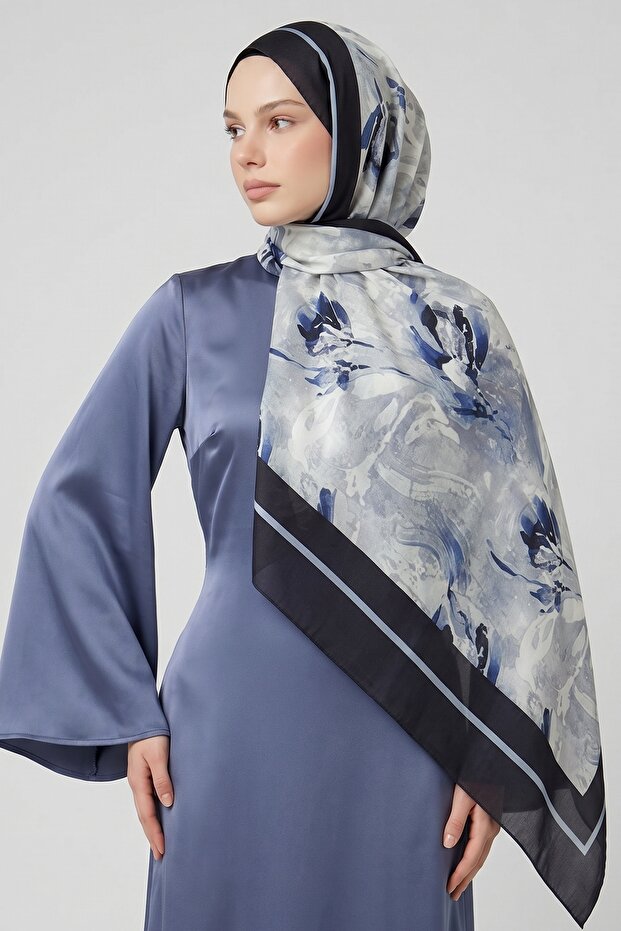 Crocus Flower Pattern Navy Blue Soft Cotton Shawl