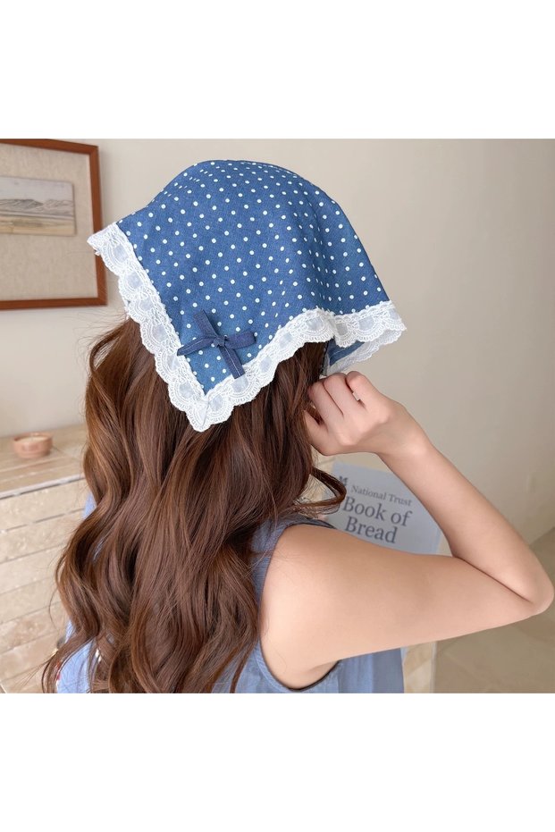 Blue Polka Dot Ribbon Ruffle Triangle Crown Bandana Hair Band Summer Hat Vintage Bohemian