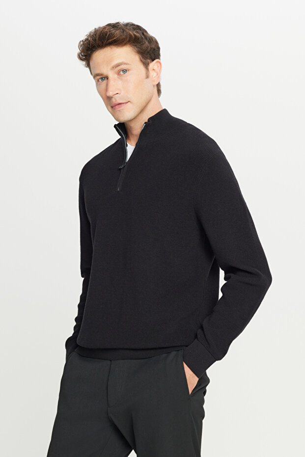 Men's Black 100% Cotton Standard Fit Regular Cut Bato Collar Jacquard Knitwear Sweater