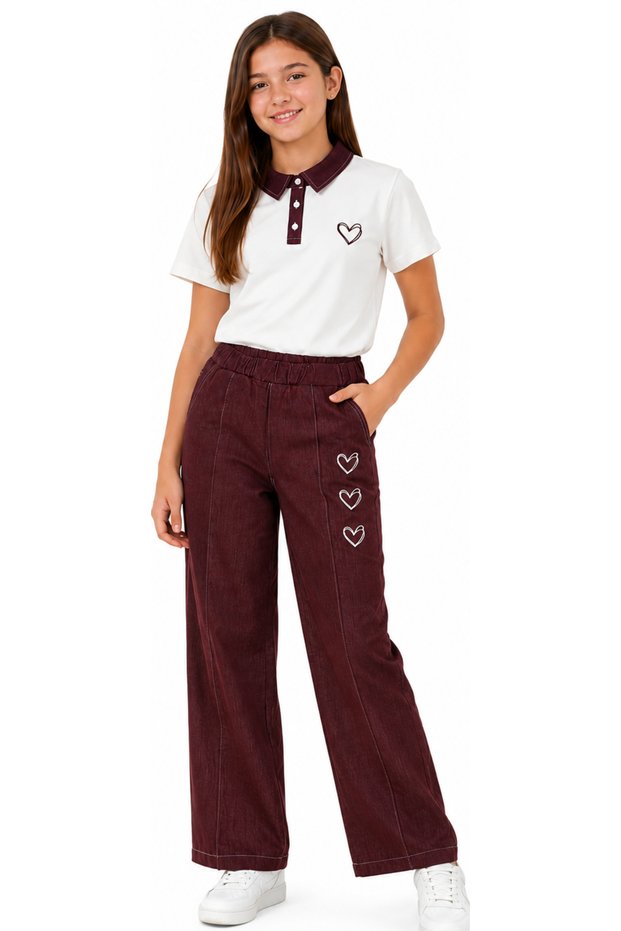 Girl's Denim Collared Button Heart Embroidered T-Shirt Wide Leg Model Heart Embroidered Plum Color T-Shirt Pants Set