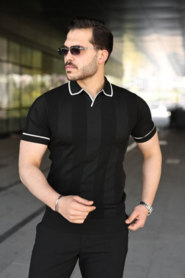 Men's Textured Pattern Collared Short Sleeve T-Shirt