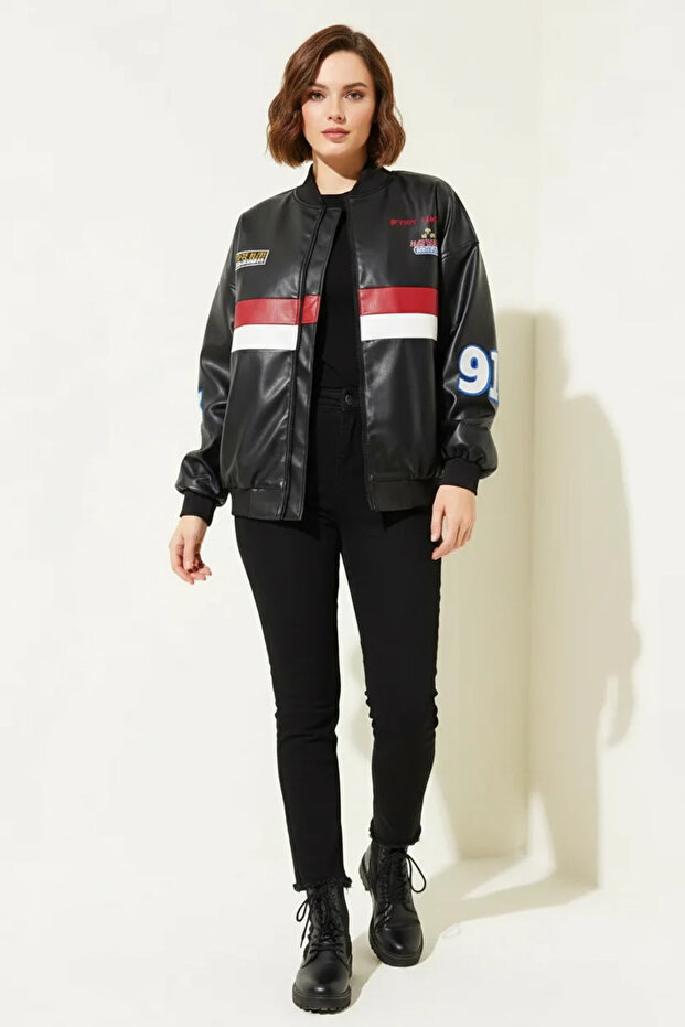 Women's Bomber Collar Printed Black Jacket