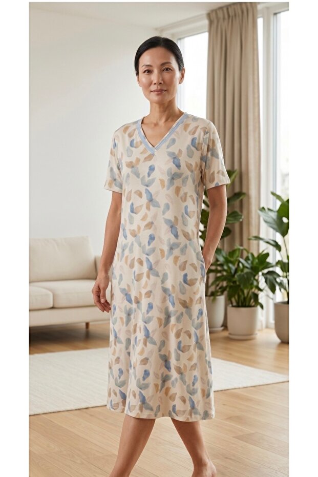 25211 Anne Nightgown Combed Cotton Nightgown with Pockets Patterned Combed Cotton Nightgown