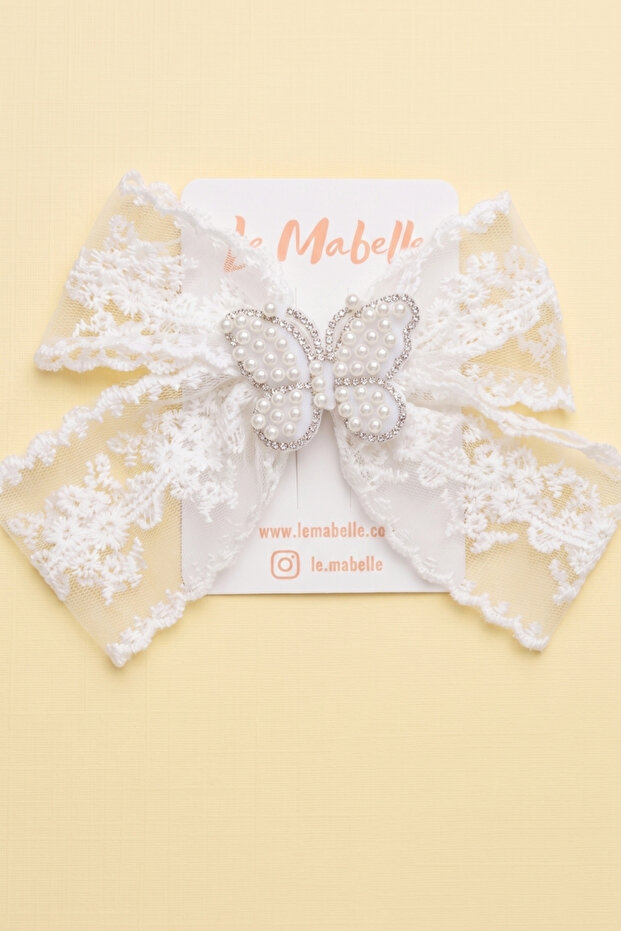 White Butterfly Figured Lace Bow Girl's Clip Buckle