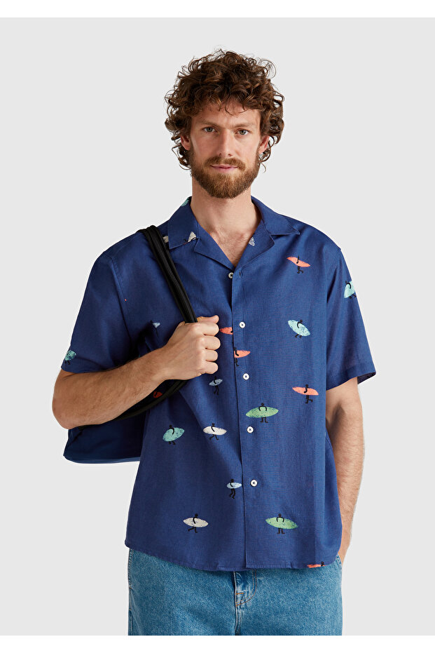 Men's Navy Blue Cotton-Linen Blend Patterned Bowling Collar Short Sleeve Shirt