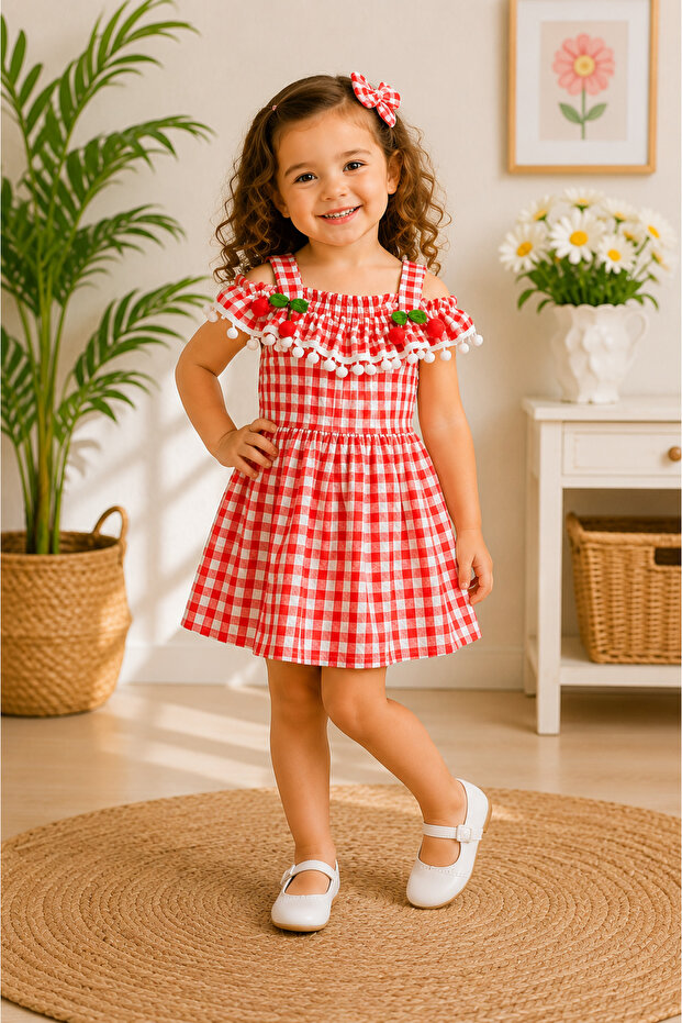 Girl's Gingham Patterned Summer Dress with Cherry Detail