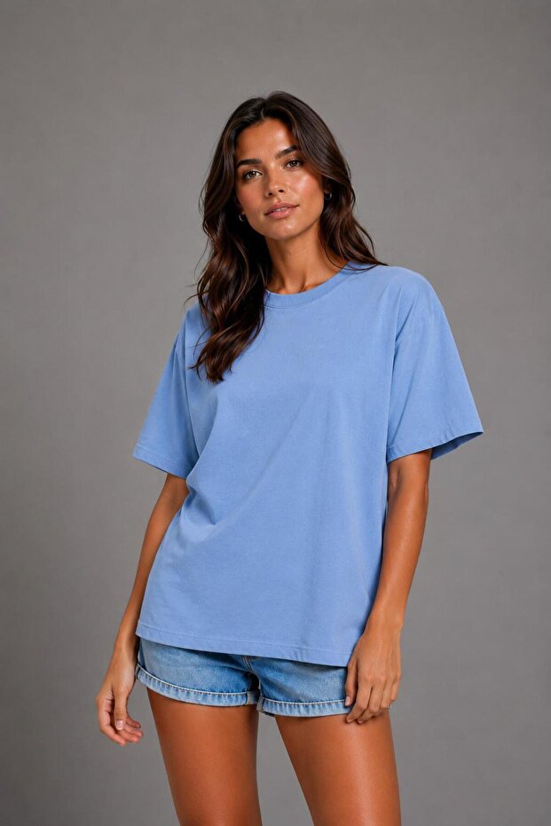 Women's Oversize 100% Cotton Basic Comfortable Fit T-Shirt - Blue