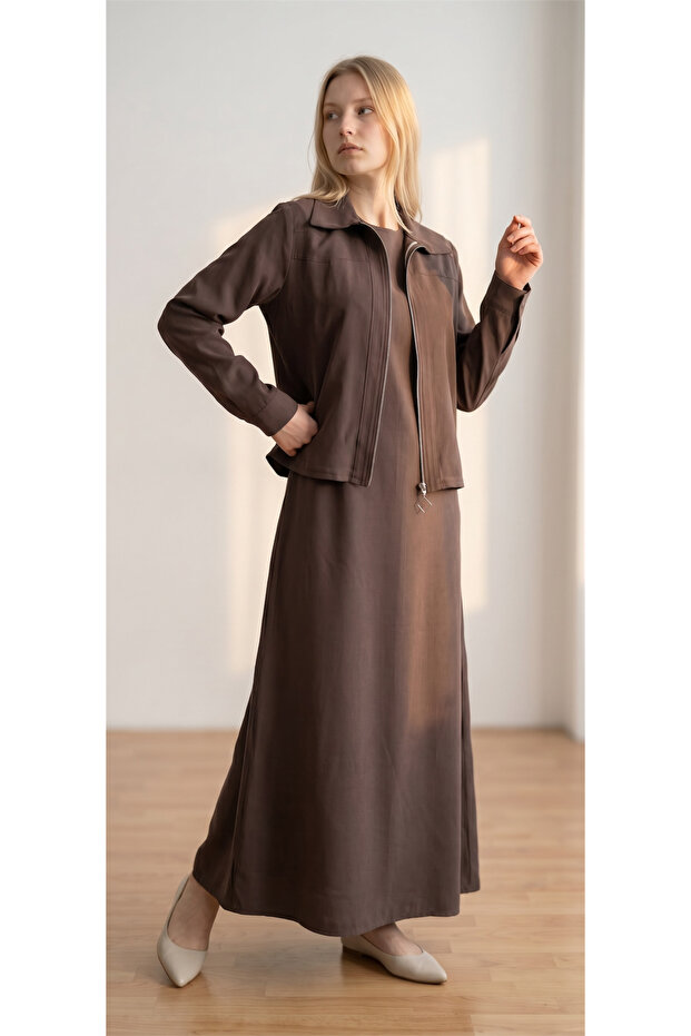 Women's Dress Zippered Summer Jacket 2-Piece Set-Brown