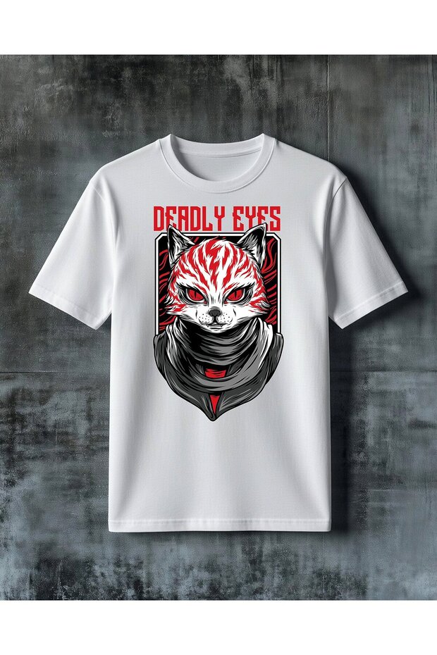 Deadly Eyes Cat Red Printed Oversize T-Shirt