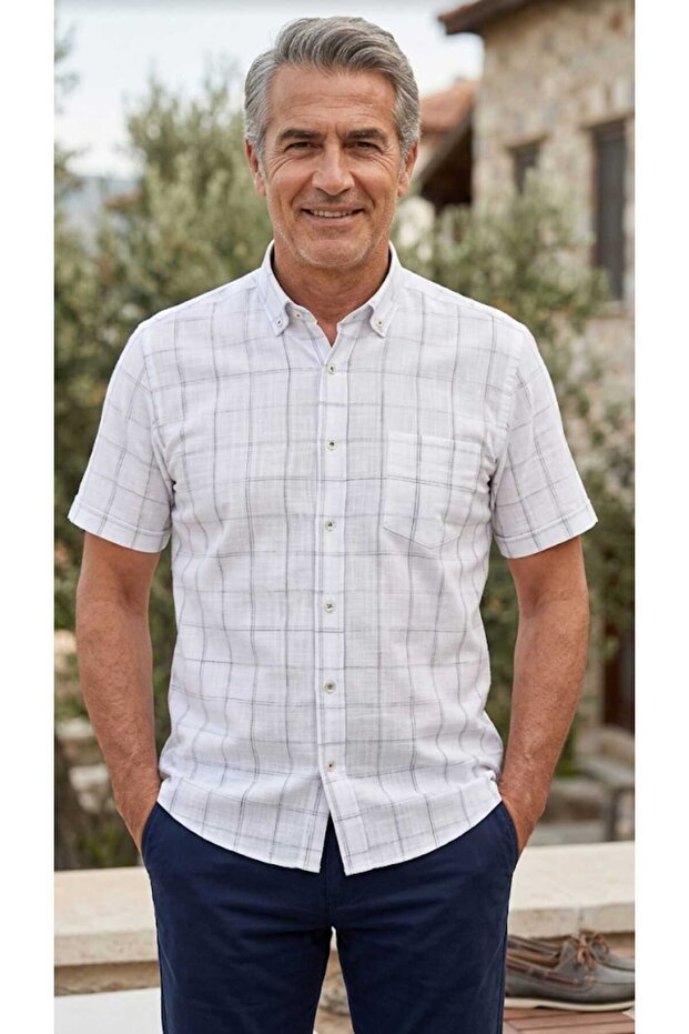 100% Cotton Short Sleeve Pocketed Classic Cut Men's Shirt with Buttoned Collar