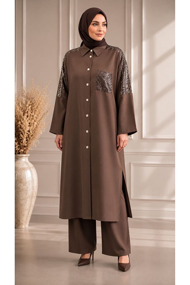 Modal Cupra Sequin Detailed Premium Trousers Tunic Set