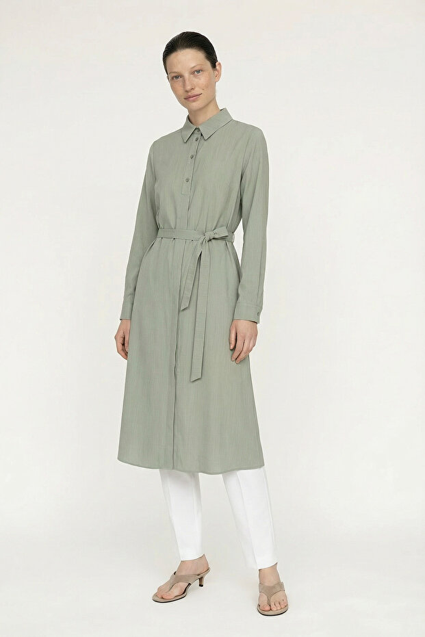 Belted Metal Button Detailed Classic Collar Island Tea Tunic 1628