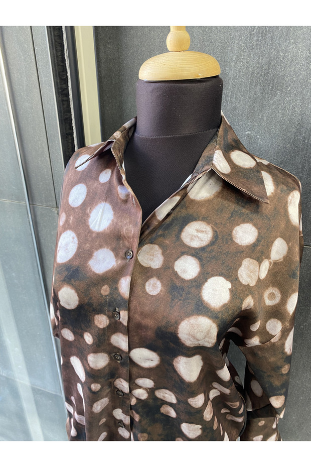 Oversize Batik Patterned Polka Dot Satin Shirt - 7