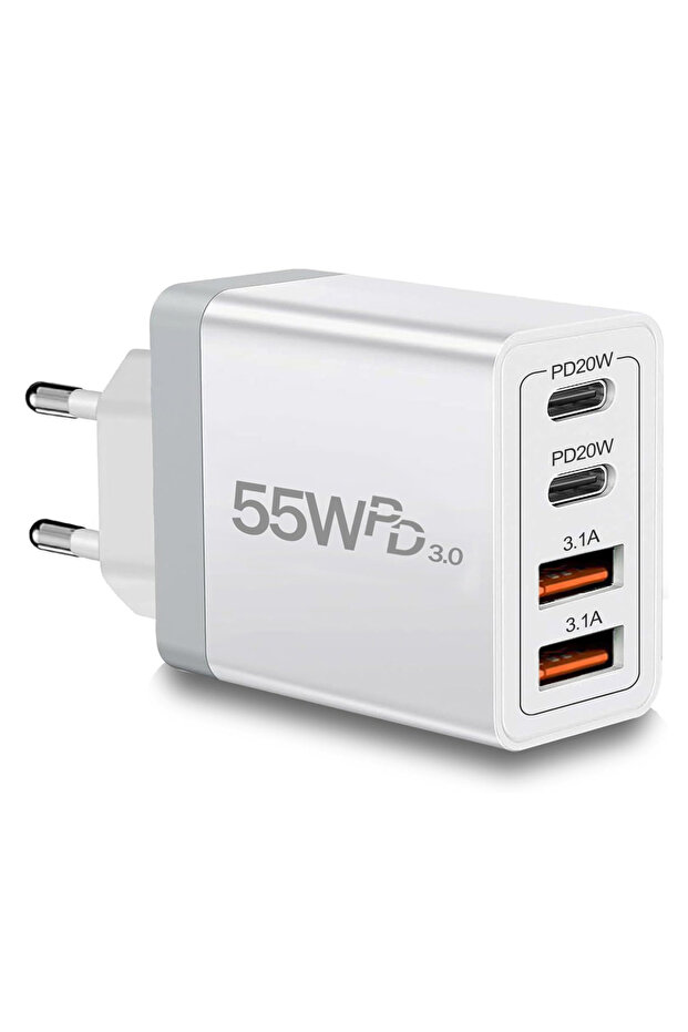 شاحن حائط أوروبي أبيض سريع الشحن بقوة 55 واط مع منفذ USB-A وUSB-C مزدوج، قابس أوروبي، تقنية PD 3.0 للشحن السريع