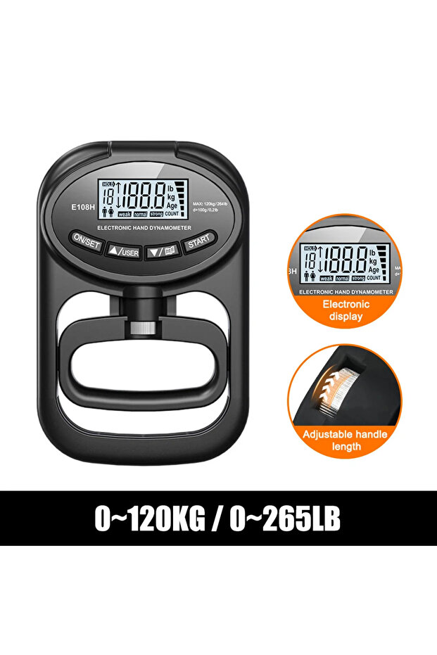 جهاز قياس قوة القبضة الرقمي الأسود 265 رطل/120 كجم مع شاشة LCD وUSB لقياس قوة القبضة