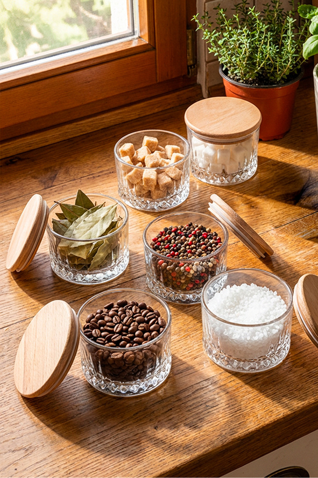 6-Piece Odn Wooden Lid Vacuum Sealed Glass Breakfast Set Spice Jar Jam Jar Storage Container