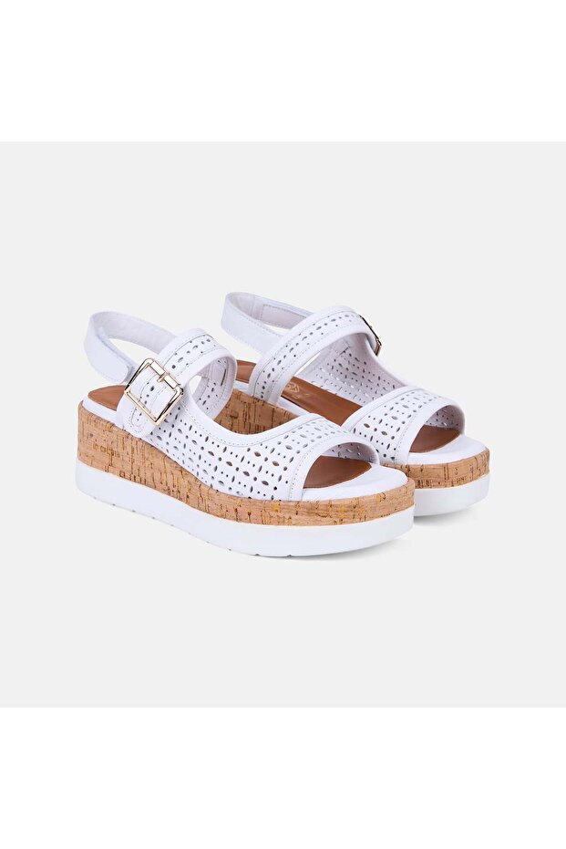 Women's White Buckle Perforated Wedge Heeled Leather Sandals