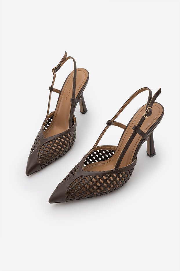 Women's Stiletto Pointed Toe Hand Knitted Strappy Classic Heeled Shoes Ballet Brown